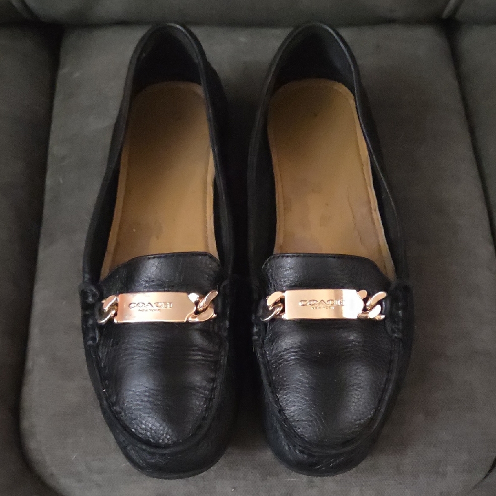 Coach Black Leather Loafers with Gold Accents